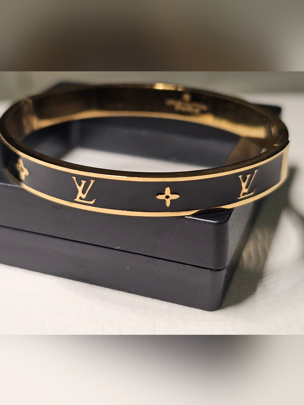 Designer Inspired Stainless Steel Black Enamel & Gold Monogram Bangle - Picture 2 of 7